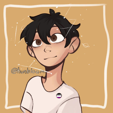 Cartoon-style image/picrew by @hunbloom depicting a light brown skinned individual with short black hair styled in a pixie cut. They are wearing a plain white t-shirt with a circular asexual badge. There are faint white constellations sketched around their