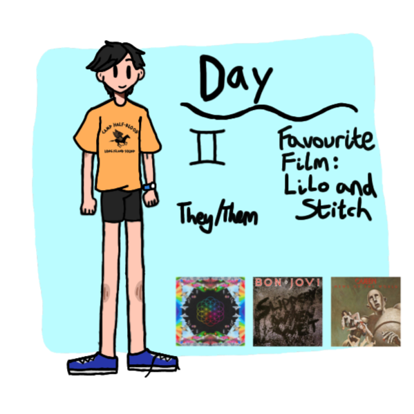 Image ID: A light-brown skinned cartoon person stands in front of a light blue square background. They are wearing blue sneakers, black shorts, and an orange Camp Half-Blood t-shirt from the Percy Jackson series. They have black hair styled in a pixie cut.
